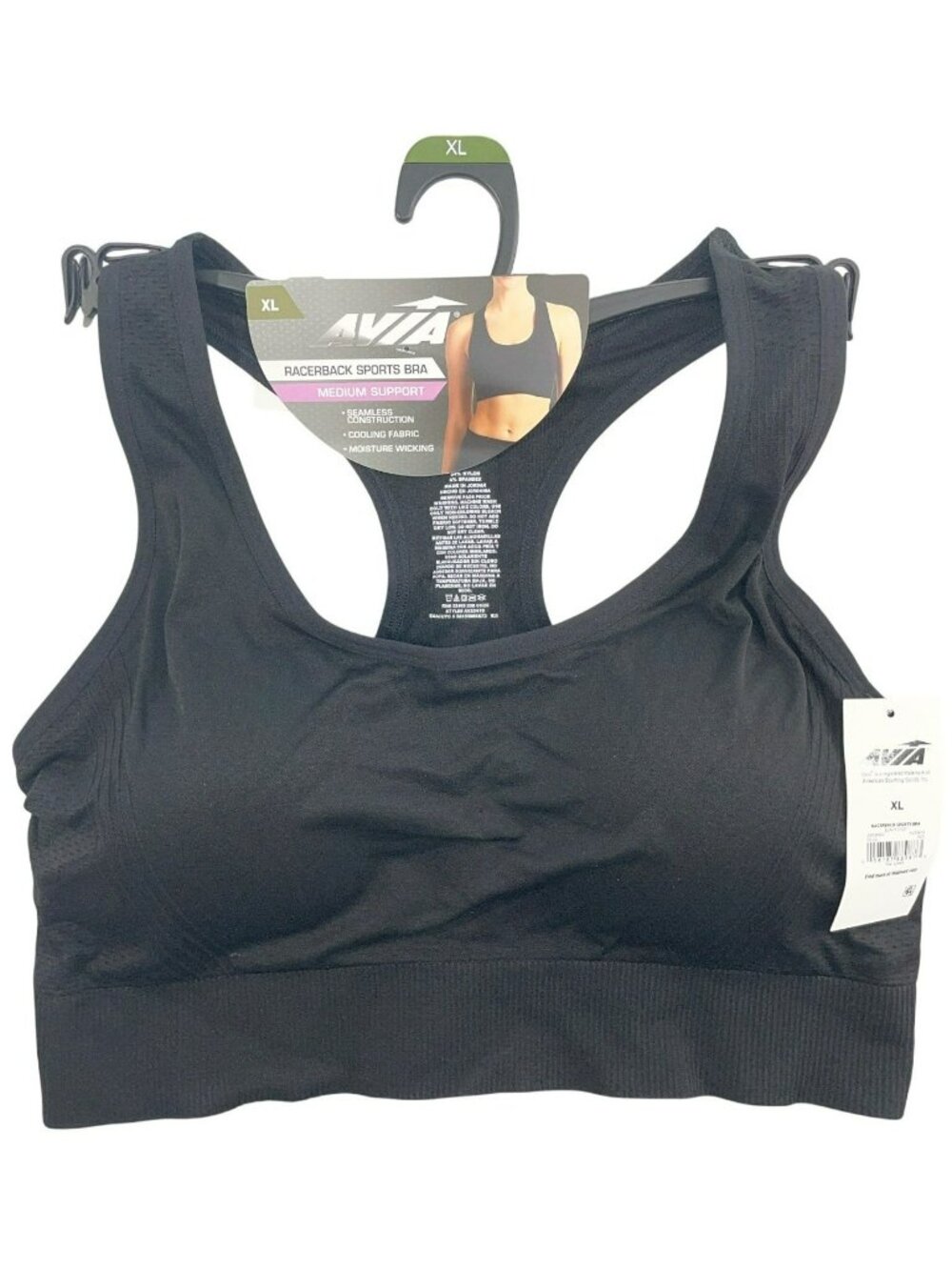 Avia Racerback Sports Bra Black Support Cooling Fabric Moisture Wicking Size XL